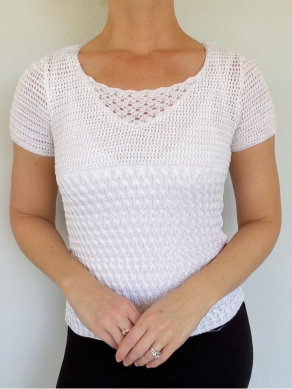 Emma James White Crochet Knit Short Sleeve Top